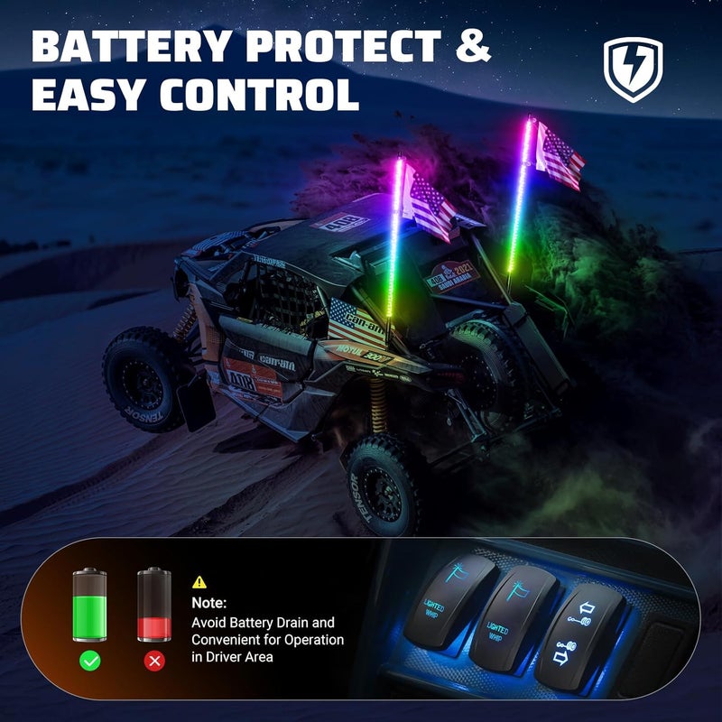 Ehaho 1 PC 5FT Whip Lights with Spring Base, APP & Remote Control Led Whip Lights for Side by Side, Spiral RGB Chasing Lighted Whips with Rocker Switch, Music Led Whips for UTV ATV RZR SXS Can-Am - Image 5